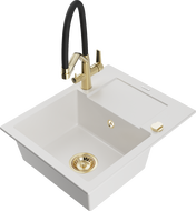 Mexen Enzo 1-bowl granite sink with drainer and Duo kitchen faucet, white - 6506-20-671701-57-G