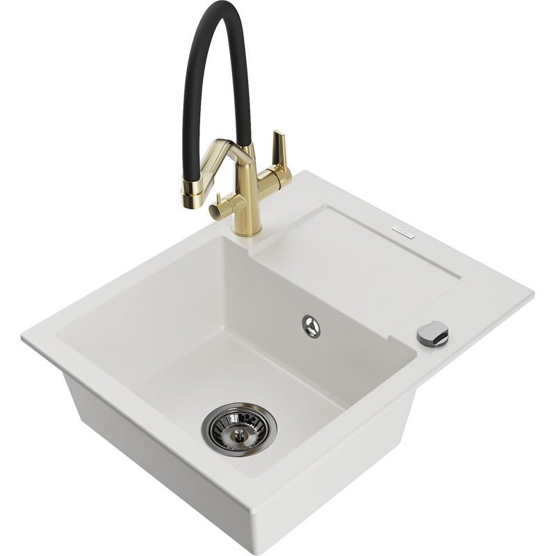 Mexen Enzo granite kitchen sink 1-bowl with drainer and Duo kitchen faucet, white - 6506-20-671701-57-B