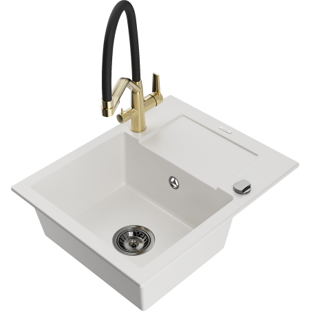 Mexen Enzo granite kitchen sink 1-bowl with drainer and Duo faucet, white - 6506-20-671701-57-B