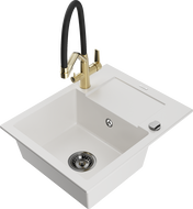 Mexen Enzo granite kitchen sink 1-bowl with drainer and Duo faucet, white - 6506-20-671701-57-B