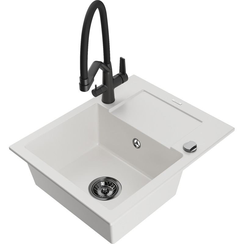 Mexen Enzo 1-bowl granite sink with drainer and Duo kitchen faucet, white - 6506-20-671701-70-B