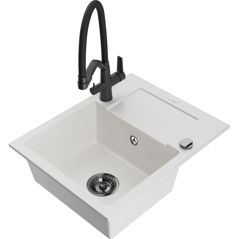 Mexen Enzo 1-bowl granite sink with drainer and Duo kitchen tap, white - 6506-20-671701-70-B