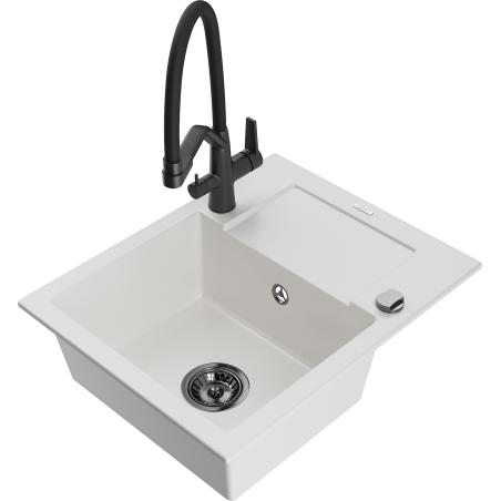 Mexen Enzo 1-bowl granite sink with drainer and Duo kitchen faucet, white - 6506-20-671701-70-B
