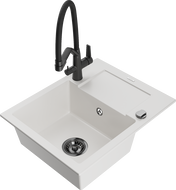 Mexen Enzo granite sink 1-bowl with drainer and Duo kitchen faucet, white - 6506-20-671701-70-B