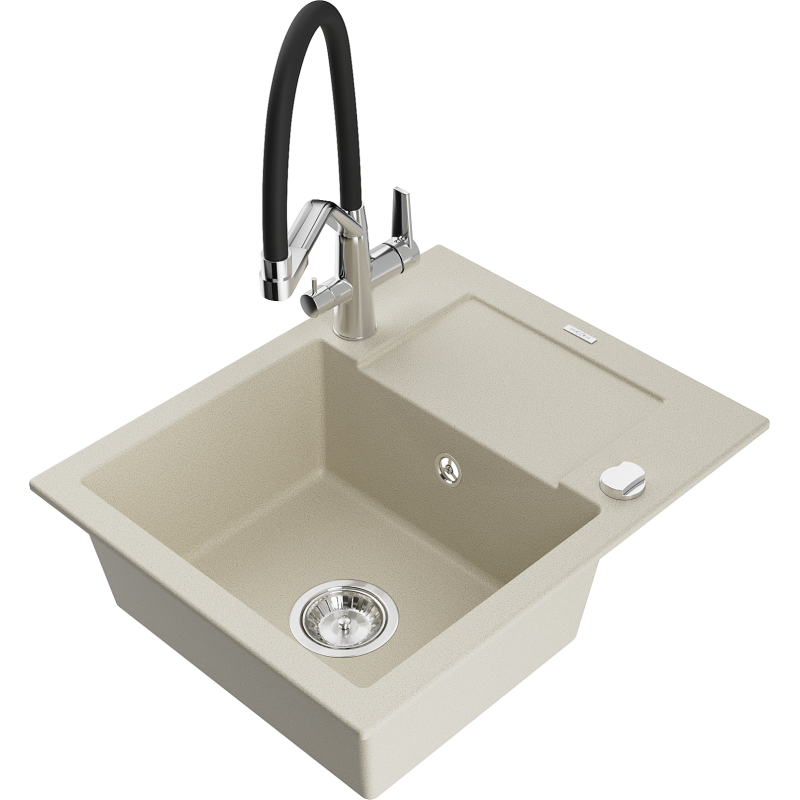 Mexen Enzo 1-bowl granite sink with drainer and Duo kitchen tap, beige - 6506-69-671701-07