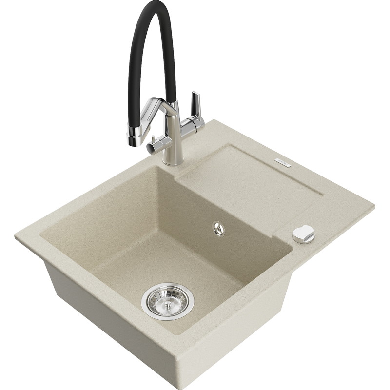 Mexen Enzo 1-compartment granite sink with drainer and Duo kitchen faucet, beige - 6506-69-671701-07