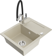Mexen Enzo 1-compartment granite sink with a drip tray and kitchen mixer tap Duo, Beige - 6506-69-671701-07