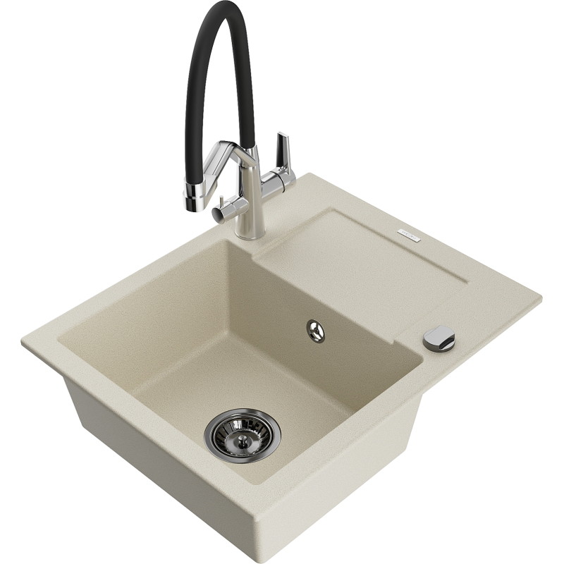 Mexen Enzo granite kitchen sink 1-bowl with drainer and Duo kitchen faucet, beige - 6506-69-671701-07-B