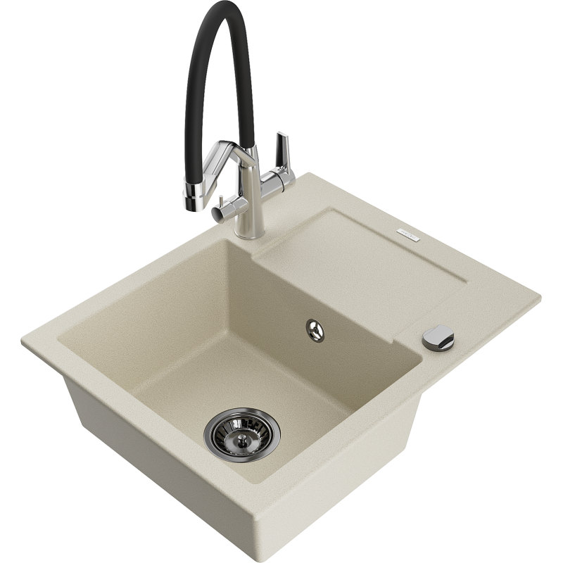 Mexen Enzo single-bowl granite sink with drainer and Duo kitchen tap, beige - 6506-69-671701-07-B