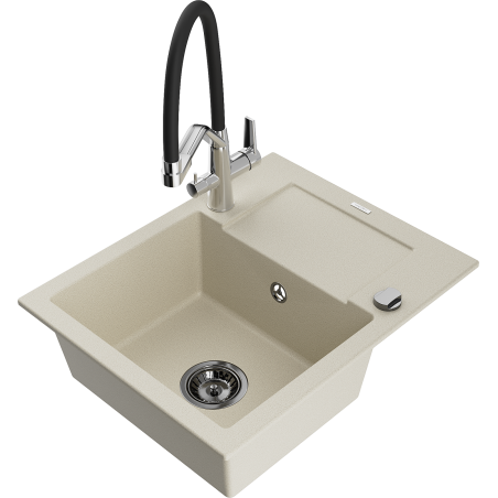Mexen Enzo 1-compartment granite sink with a drip tray and kitchen mixer tap Duo, Beige - 6506-69-671701-07-B
