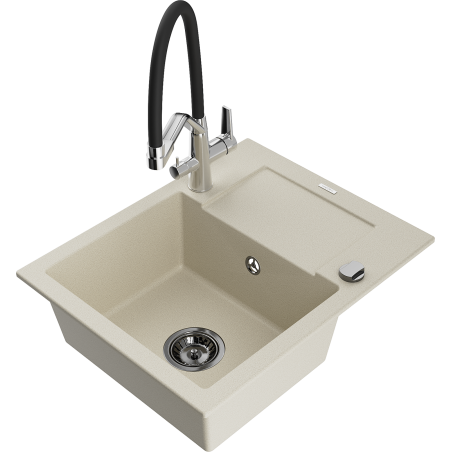 Mexen Enzo granite kitchen sink 1-bowl with drainer and Duo kitchen faucet, beige - 6506-69-671701-07-B