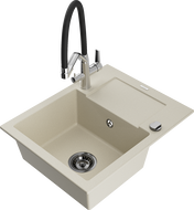 Mexen Enzo 1-Basin Granite Sink with Drainer and Duo Kitchen Faucet, Beige - 6506-69-671701-07-B