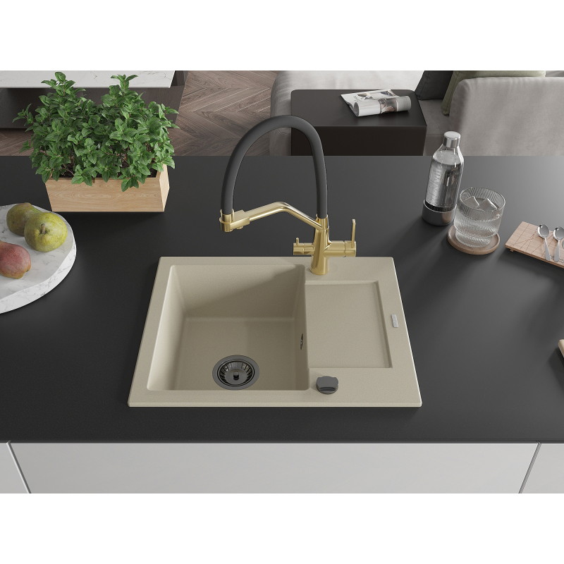 Mexen Enzo granite kitchen sink 1-bowl with drainer and Duo kitchen faucet, beige - 6506-69-671701-57-B