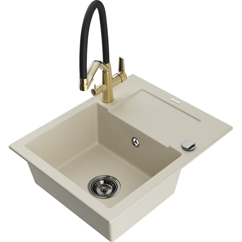 Mexen Enzo 1-bowl granite sink with drainer and Duo kitchen faucet, beige - 6506-69-671701-57-B