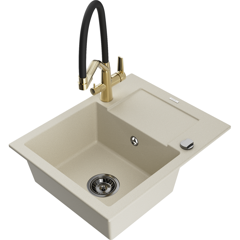 Mexen Enzo 1-bowl granite sink with drainer and Duo kitchen tap, beige - 6506-69-671701-57-B