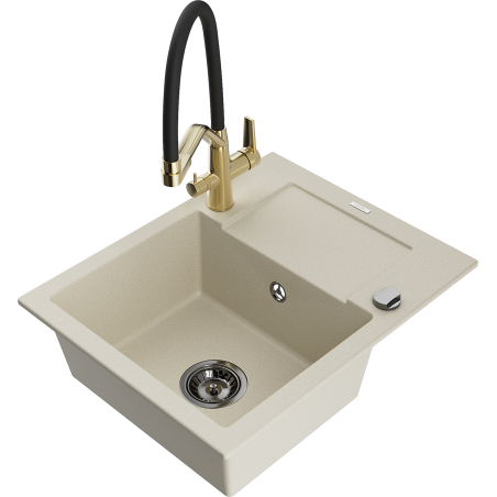 Mexen Enzo 1-bowl granite sink with drainer and Duo kitchen faucet, beige - 6506-69-671701-57-B