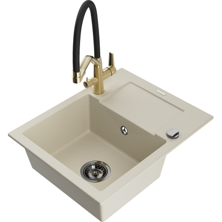 Mexen Enzo 1-bowl granite sink with drainer and Duo kitchen tap, beige - 6506-69-671701-57-B