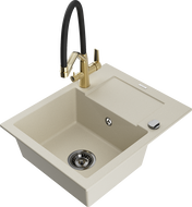 Mexen Enzo 1-bowl granite sink with drainer and Duo kitchen faucet, beige - 6506-69-671701-57-B