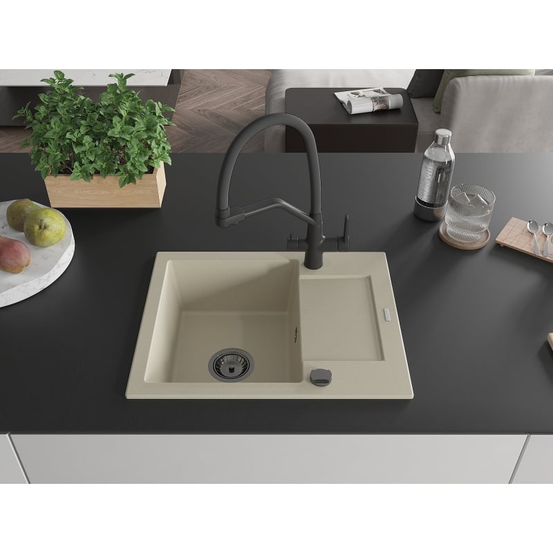 Mexen Enzo 1-Bowl Granite Sink with Drainer and Kitchen Faucet Duo, Beige - 6506-69-671701-70-B