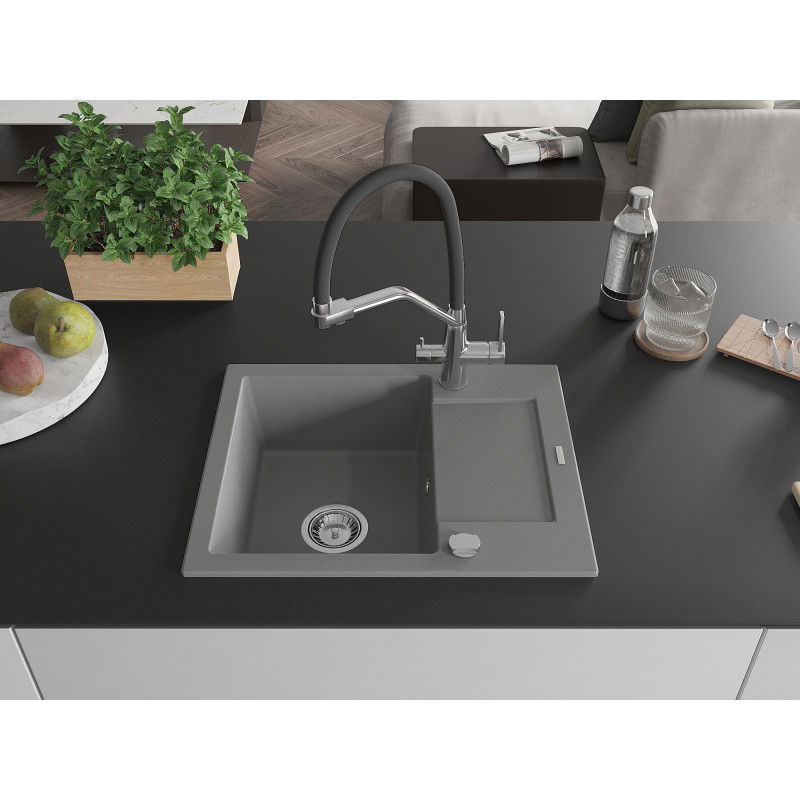 Mexen Enzo granite sink 1-bowl with drainer and Duo kitchen tap, grey - 6506-71-671701-07