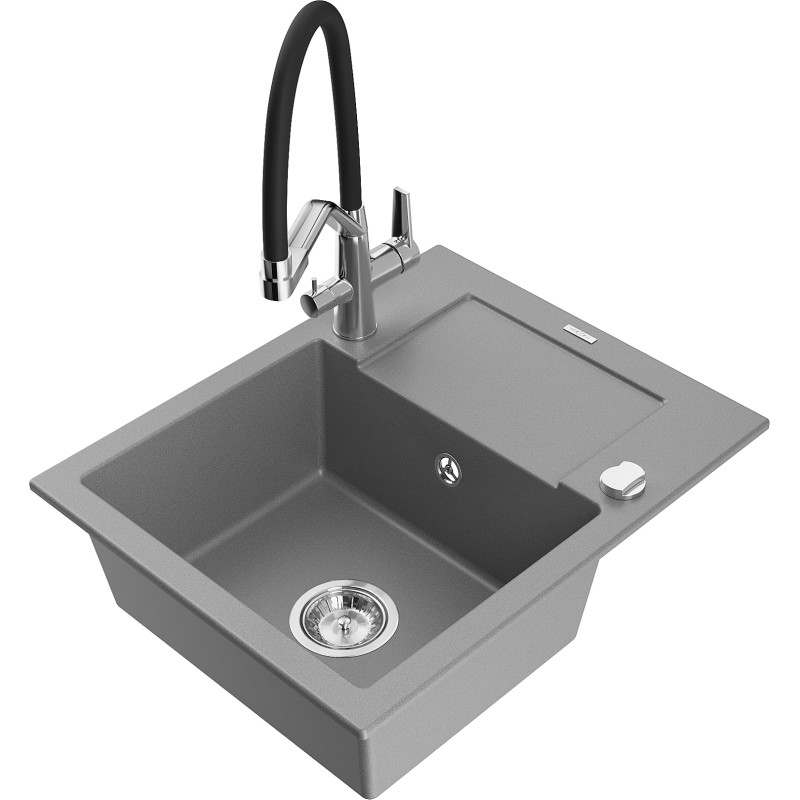 Mexen Enzo granite kitchen sink 1-bowl with drainer and kitchen faucet Duo, gray - 6506-71-671701-07