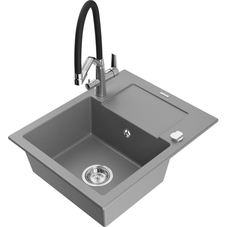 Mexen Enzo granite kitchen sink 1-bowl with drainer and kitchen faucet Duo, gray - 6506-71-671701-07