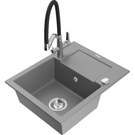 Mexen Enzo granite sink 1-bowl with drainer and Duo kitchen tap, grey - 6506-71-671701-07