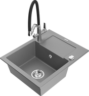 Mexen Enzo granite kitchen sink 1-bowl with drainer and kitchen faucet Duo, gray - 6506-71-671701-07