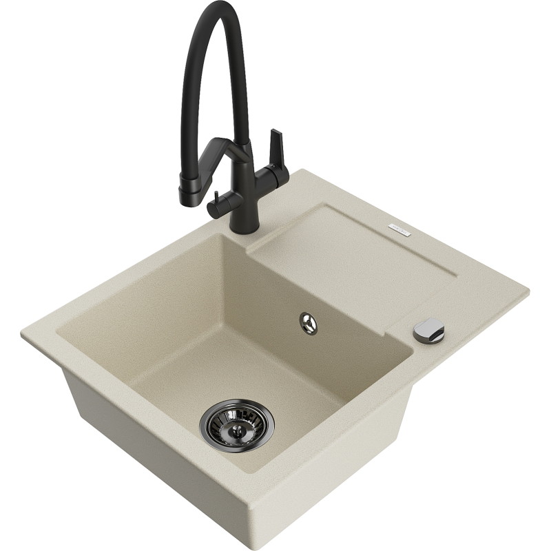 Mexen Enzo granite kitchen sink 1-bowl with drainer and Duo kitchen faucet, beige - 6506-69-671701-70-B