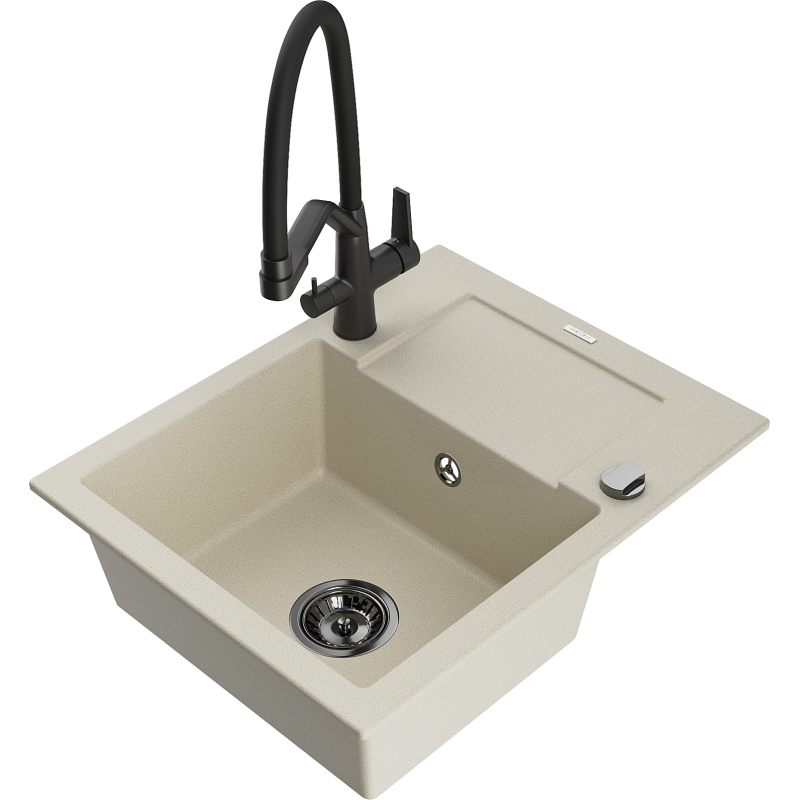 Mexen Enzo granite kitchen sink 1-bowl with drainer and Duo kitchen tap, beige - 6506-69-671701-70-B