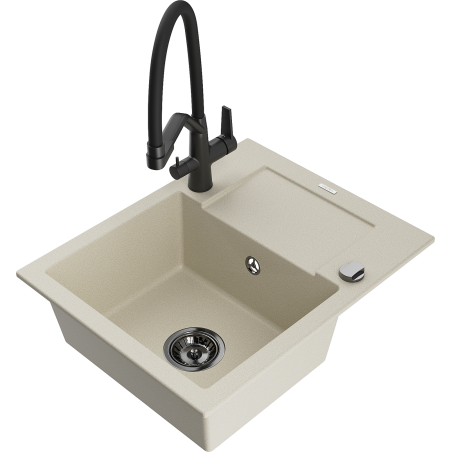 Mexen Enzo 1-Bowl Granite Sink with Drainer and Kitchen Faucet Duo, Beige - 6506-69-671701-70-B