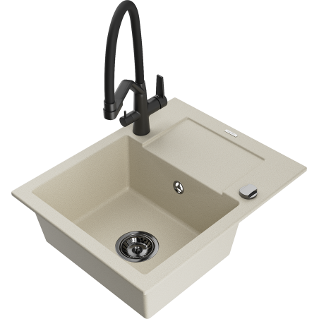 Mexen Enzo granite kitchen sink 1-bowl with drainer and Duo kitchen tap, beige - 6506-69-671701-70-B