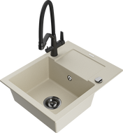 Mexen Enzo 1-Bowl Granite Sink with Drainer and Kitchen Faucet Duo, Beige - 6506-69-671701-70-B
