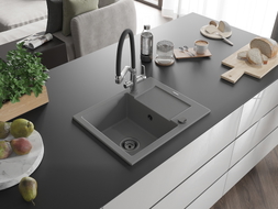 Mexen Enzo 1-Bowl Granite Sink with Drainer and Kitchen Faucet Duo, Gray - 6506-71-671701-07-B