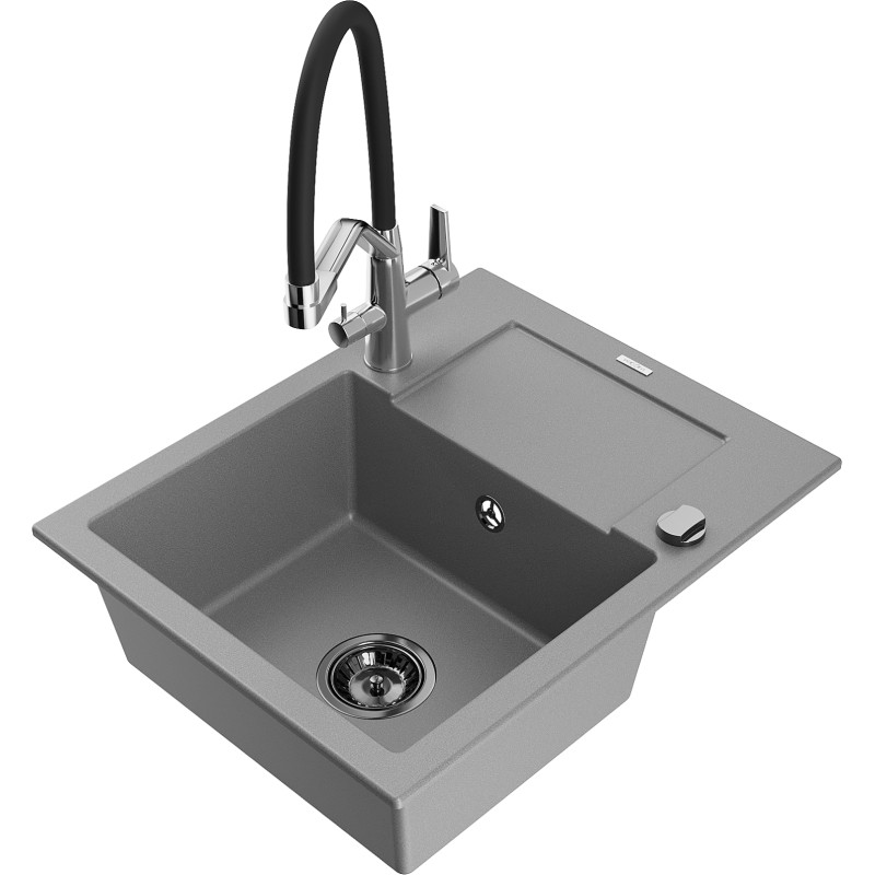 Mexen Enzo 1-Bowl Granite Sink with Drainer and Kitchen Faucet Duo, Gray - 6506-71-671701-07-B