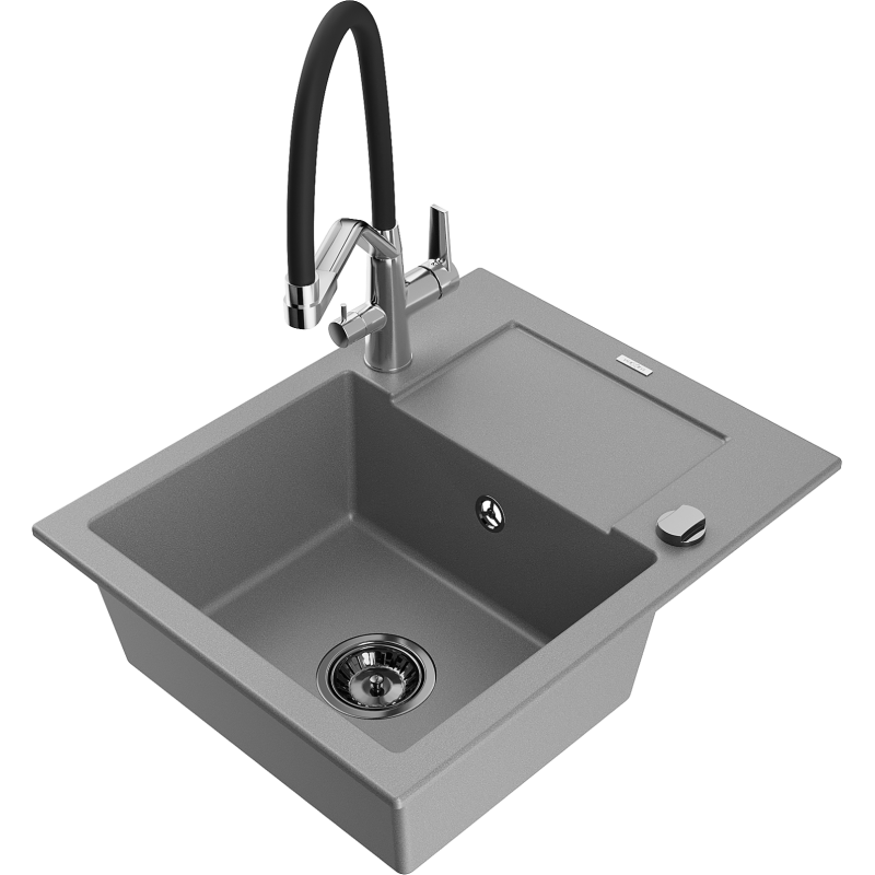 Mexen Enzo 1-compartment granite sink with a drip tray and kitchen mixer tap Duo, grey - 6506-71-671701-07-B