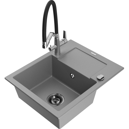 Mexen Enzo granite single-bowl sink with drainer and Duo kitchen faucet, gray - 6506-71-671701-07-B