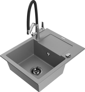 Mexen Enzo granite single-bowl sink with drainer and Duo kitchen faucet, gray - 6506-71-671701-07-B