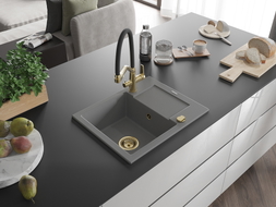 Mexen Enzo granite single-bowl kitchen sink with drainboard and Duo kitchen faucet, gray - 6506-71-671701-57-G