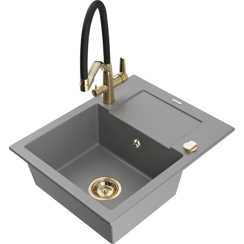 Mexen Enzo 1-bowl granite sink with drainer and Duo kitchen tap, grey - 6506-71-671701-57-G