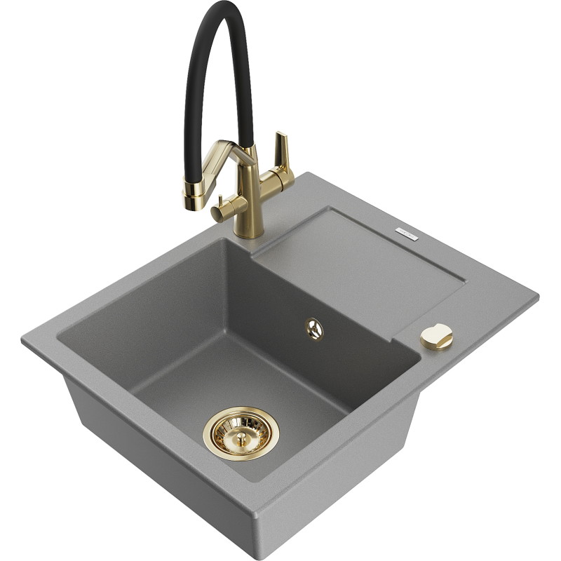 Mexen Enzo granite 1-bowl kitchen sink with drainer and Duo kitchen faucet, gray - 6506-71-671701-57-G