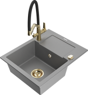 Mexen Enzo granite single-bowl kitchen sink with drainboard and Duo kitchen faucet, gray - 6506-71-671701-57-G