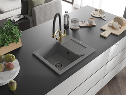 Mexen Enzo 1-bowl granite sink with drainer and Duo kitchen tap, grey - 6506-71-671701-57-B