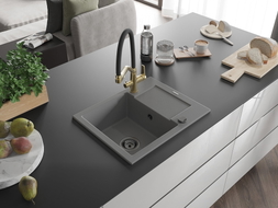 Mexen Enzo 1-Chamber Granite Sink with Drainer and Kitchen Faucet Duo, Gray - 6506-71-671701-57-B
