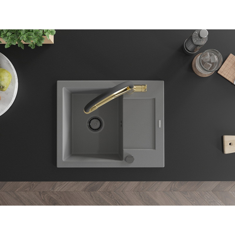 Mexen Enzo 1-bowl granite sink with drainer and kitchen faucet Duo, gray - 6506-71-671701-57-B