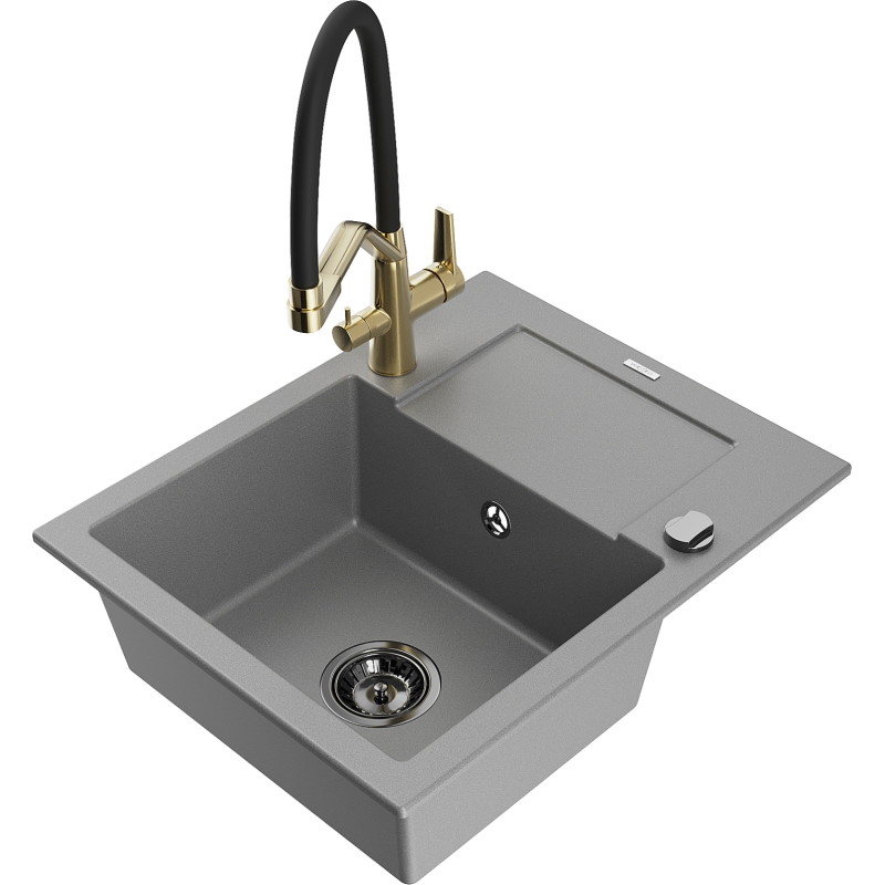 Mexen Enzo 1-bowl granite sink with drainer and kitchen faucet Duo, gray - 6506-71-671701-57-B
