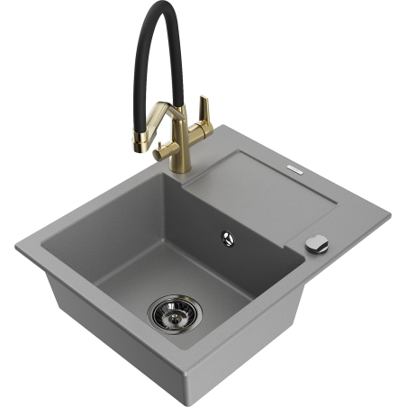 Mexen Enzo 1-Chamber Granite Sink with Drainer and Kitchen Faucet Duo, Gray - 6506-71-671701-57-B