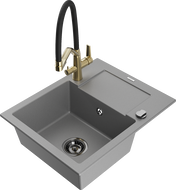 Mexen Enzo 1-Chamber Granite Sink with Drainer and Kitchen Faucet Duo, Gray - 6506-71-671701-57-B