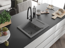 Mexen Enzo 1-compartment granite sink with a drip tray and kitchen mixer tap Duo, grey - 6506-71-671701-70-B
