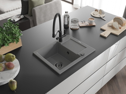 Mexen Enzo granite kitchen sink with 1 bowl, drainer and Duo kitchen faucet, gray - 6506-71-671701-70-B